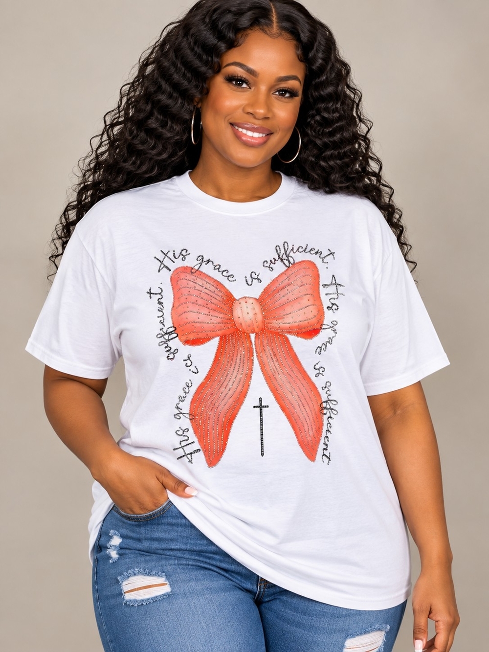 Handcrafted His Grace Is Sufficient Rhinestone Graphic Bow Print Tee - NWT